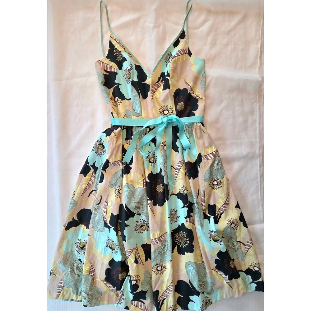 ABS by Allen Schwartz Floral V-Neck Fit & Flare Dress Turquoise Yellow Size 12